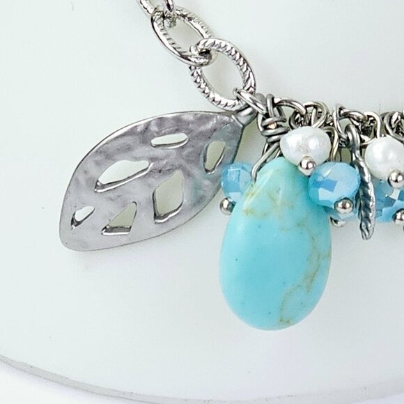 Silver Leaf Charm Bracelet With Turquoise Blue Stone And Beaded Accents NWT - Picture 3 of 12